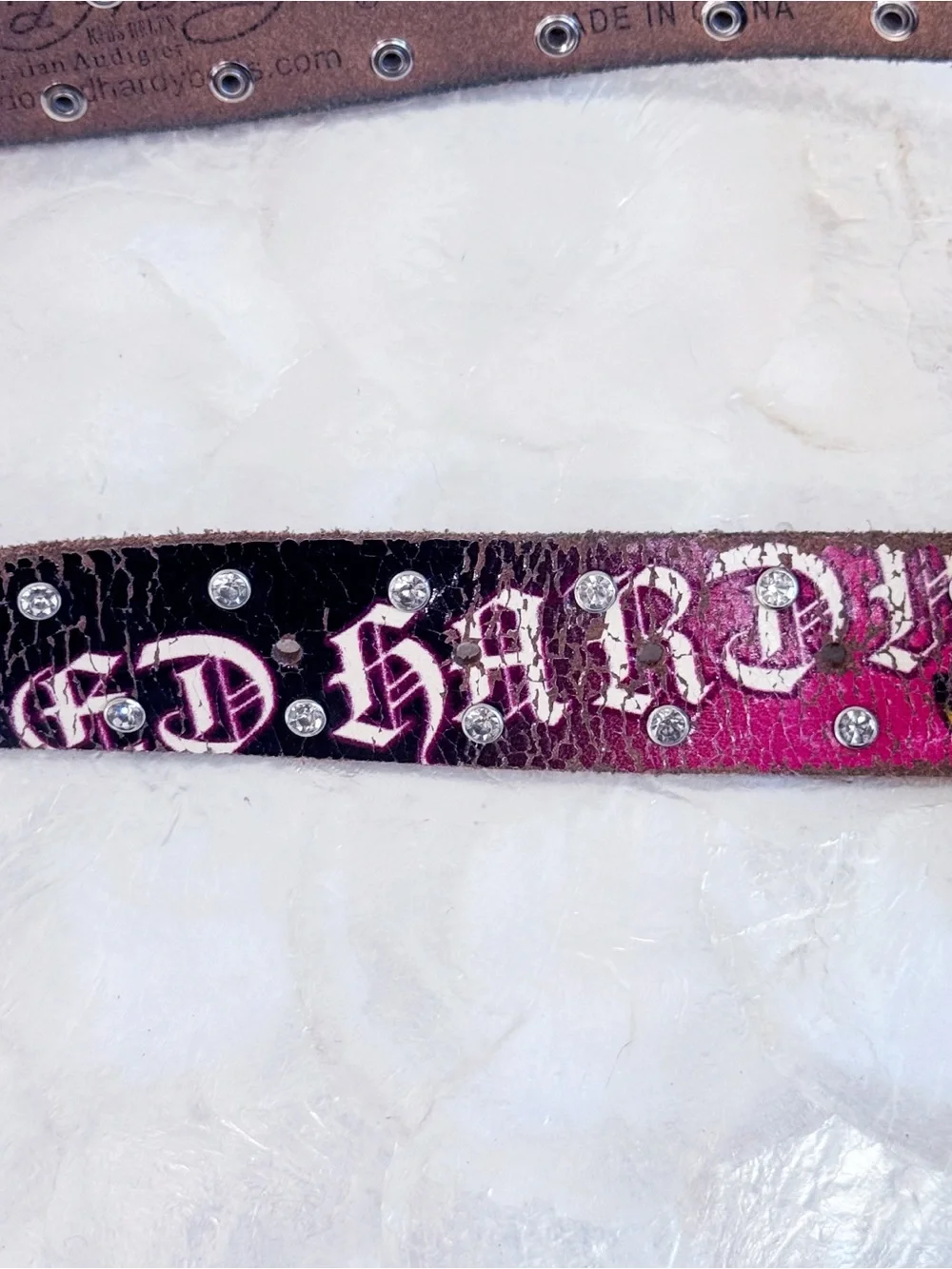 Vtg Ed Hardy Rocker Roses Crystal Studded Leather Belt XL